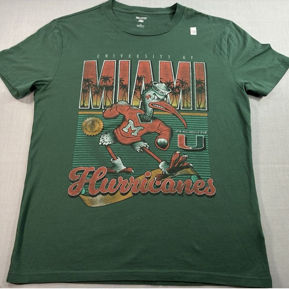 Hollister x Blue84 Miami Hurricanes T-Shirt Men's Medium Retro Sebastian Green
